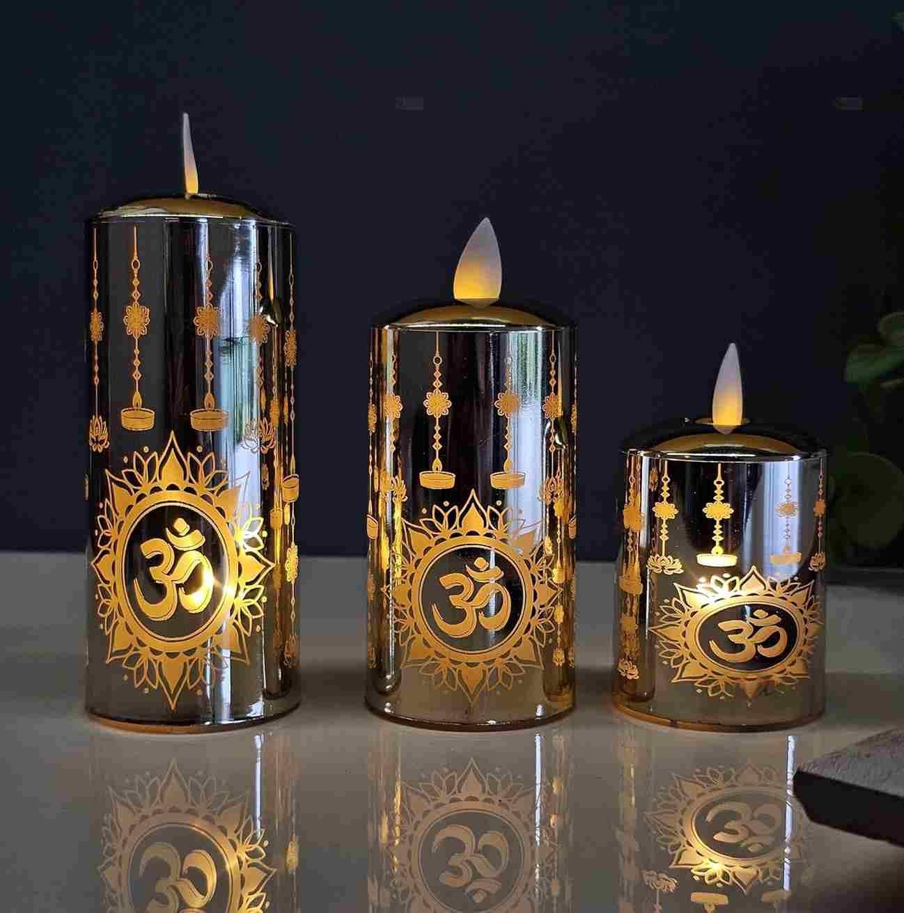 Om Printed Flameless Led Piller Tealight Candle (Pack of 2)