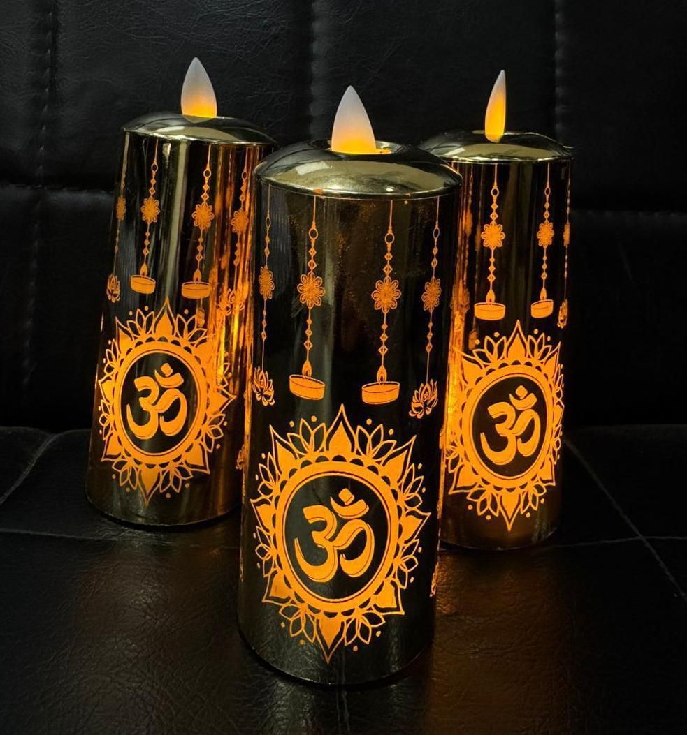 Om Printed Flameless Led Piller Tealight Candle (Pack of 2)